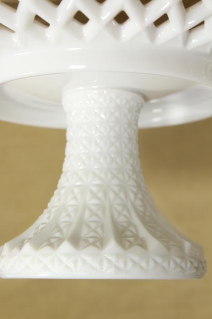 vintage milk glass compote bowl, lace edge daisy & button pattern pedestal dish