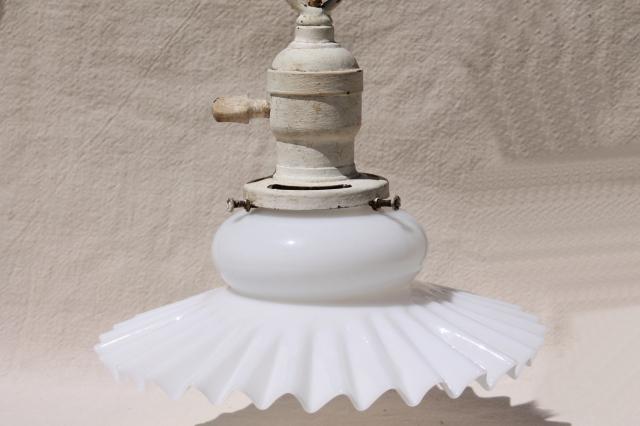 vintage milk glass crimped flat exposed bulb shade, antique brass pendant light w/ shabby paint
