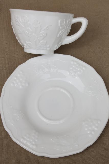 vintage milk glass cups & saucers set for 8, Colony Indiana harvest grapes