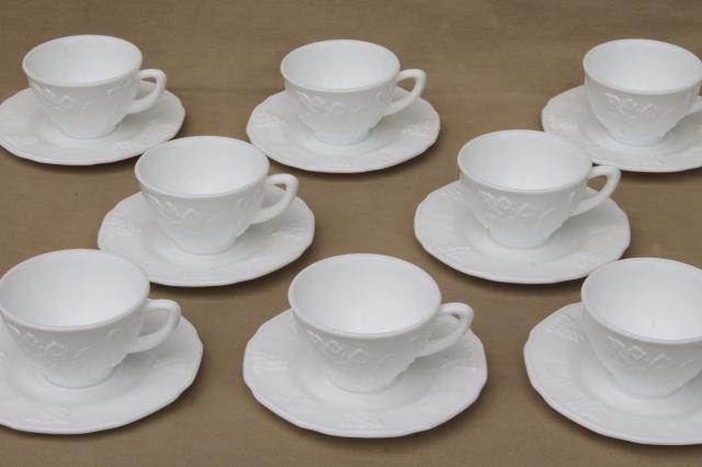 vintage milk glass cups & saucers set for 8, Colony Indiana harvest grapes