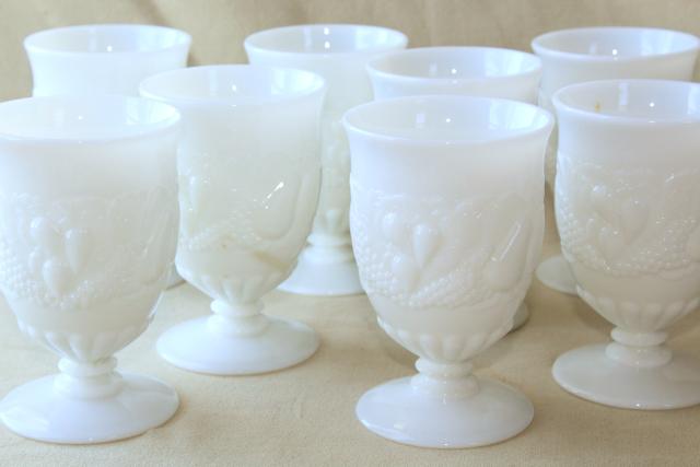 vintage milk glass drinking glasses set of 8, Westmoreland Della Robbia fruit pattern