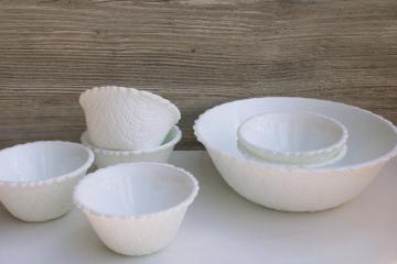 vintage milk glass flower bowls, basket pattern glass large centerpiece  individual baskets