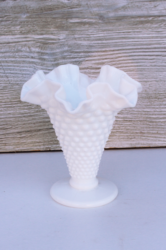 vintage milk glass flower vase, Fenton hobnail glass trumpet shape vase w/ crimped edge