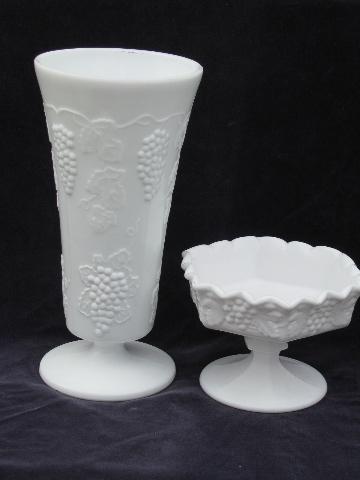 vintage milk glass, grapes pattern - Imperial crimped dish, tall Indiana vase