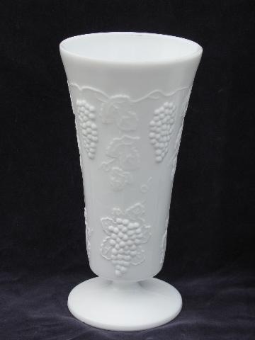 vintage milk glass, grapes pattern - Imperial crimped dish, tall Indiana vase
