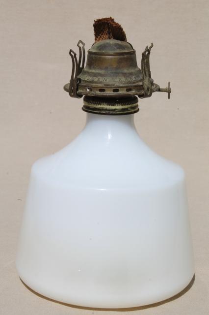 vintage milk glass kerosene oil lamp w/ old Queen Anne burner