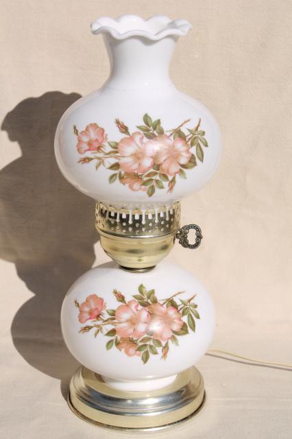 vintage milk glass lamp w/ roses shade, gone with the wind style little boudoir light