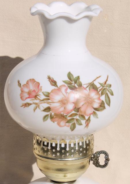vintage milk glass lamp w/ roses shade, gone with the wind style little boudoir light