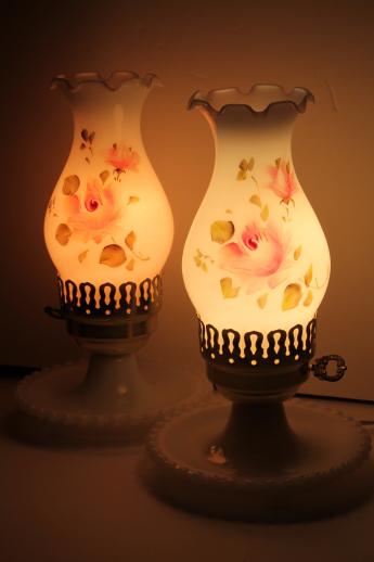 vintage milk glass lamps w/ hand-painted hurricane shades, boudoir / vanity lamp set