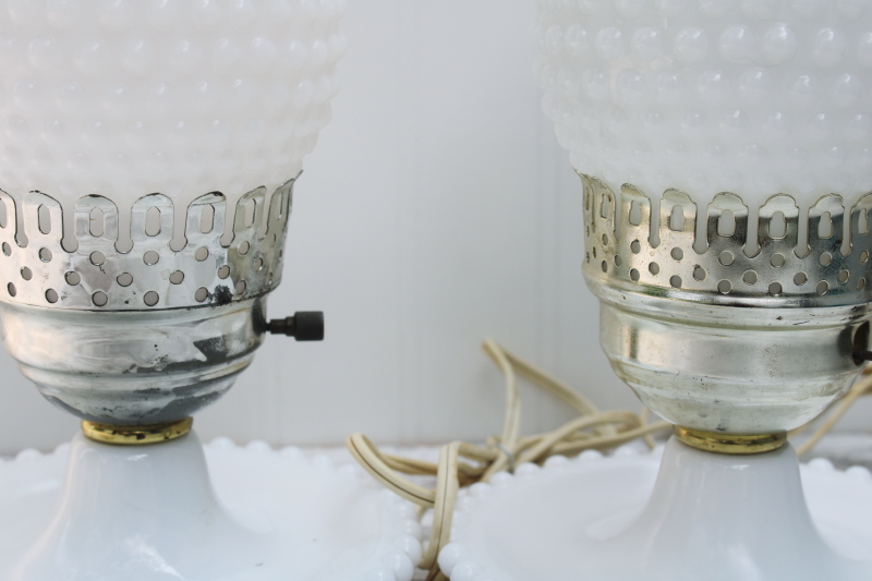 vintage milk glass lamps, hobnail glass hurricane chimney shades w/ beaded edge lamp bases