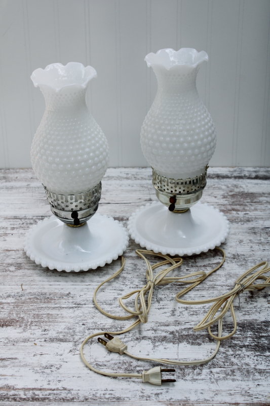 vintage milk glass lamps, hobnail glass hurricane chimney shades w/ beaded edge lamp bases
