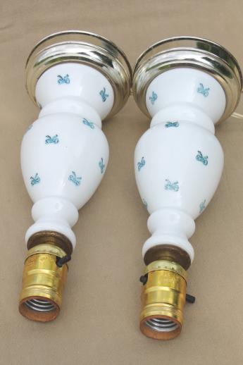 vintage milk glass lamps, pair of hand-painted boudoir lamps w/ tiny blue bows