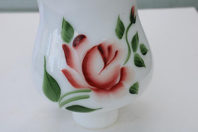 vintage milk glass lampshade w/ hand painted pink rose, hurricane chimney shade