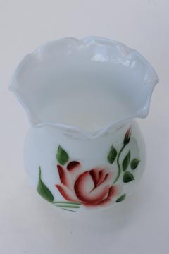 vintage milk glass lampshade w/ hand painted pink rose, hurricane chimney shade