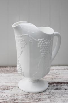 vintage milk glass lemonade or ice water pitcher, Indiana Colony glass harvest grapes pattern