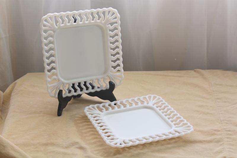 vintage milk glass open lace edge border square trays or plates, Westmoreland S scroll