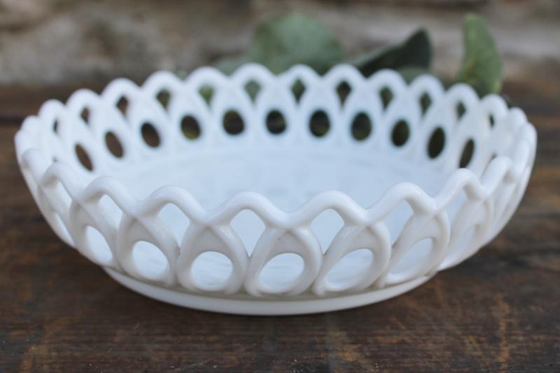 vintage milk glass open lace edge bowl, peacock feather scalloped border