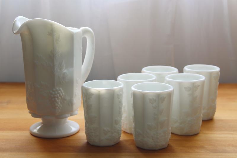 vintage milk glass pitcher & glasses, Westmoreland paneled grape pattern