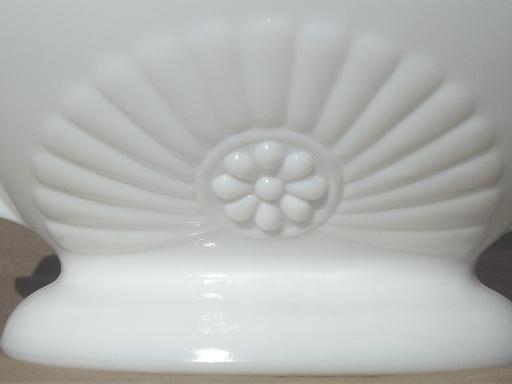 vintage milk glass planter vase, double handled bowl w/ deco starburst