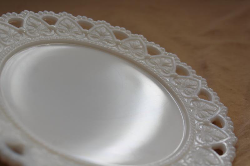 vintage milk glass plate, Valentine or wedding hearts Kemple lacy heart open lace border
