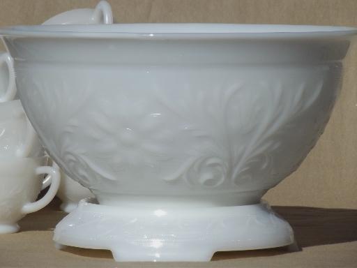 Milk Glass Punch Bowl Set with Cups and Stand. White Glass Bowl