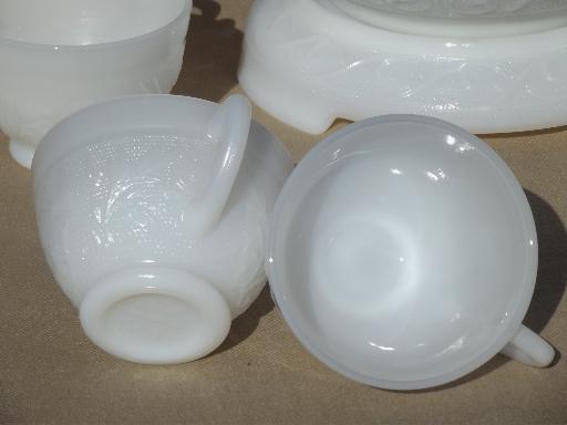 vintage milk glass punch bowl & cups set, Anchor Hocking sandwich pattern glass