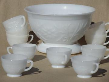 vintage milk glass punch bowl & cups set, Anchor Hocking sandwich pattern glass