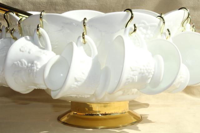 vintage milk glass punch set, huge bowl & cups Colony grapes Indiana glass