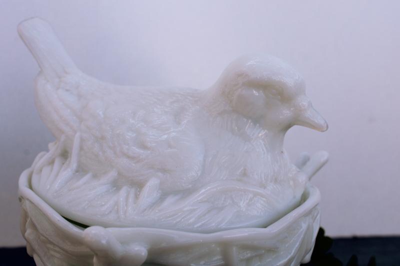 vintage milk glass robin on nest covered bowl, Westmoreland candy dish w/ bird