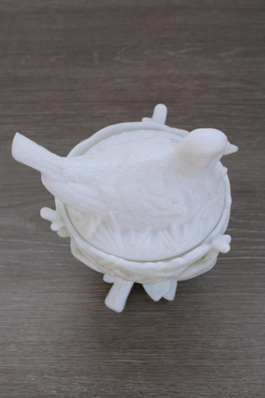 vintage milk glass robin on nest covered bowl, Westmoreland candy dish w/ bird