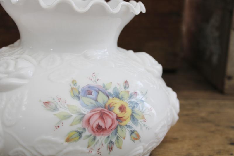 vintage milk glass shade puffy molded cabbage roses w/ floral print, GWTW style