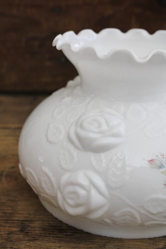 vintage milk glass shade puffy molded cabbage roses w/ floral print, GWTW style