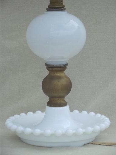 vintage milk glass table lamp, Fenton hobnail glass student lamp shade 