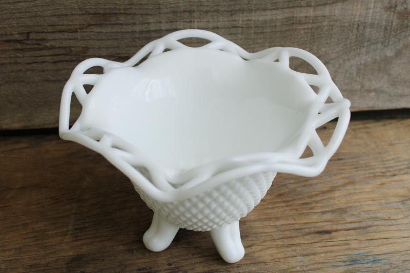 vintage milk glass vase, Imperial lace laced edge crocheted crystal pattern