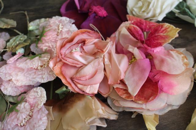 vintage millinery trims lot hat flowers, organza & velvet fabric corsage roses etc.