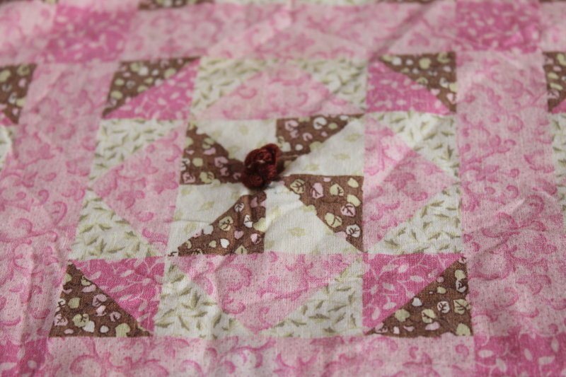 vintage mini quilt or primitive style tablecloth, hand tied cheater patchwork print pink  brown