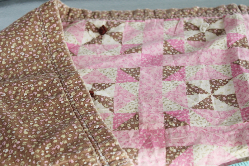 vintage mini quilt or primitive style tablecloth, hand tied cheater patchwork print pink  brown