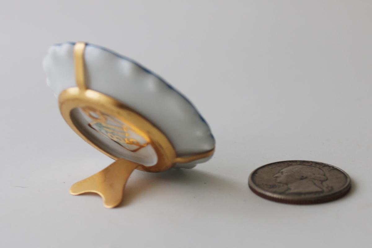 vintage miniature china plate w/ tiny brass hanger, Limoges France OTCO mark