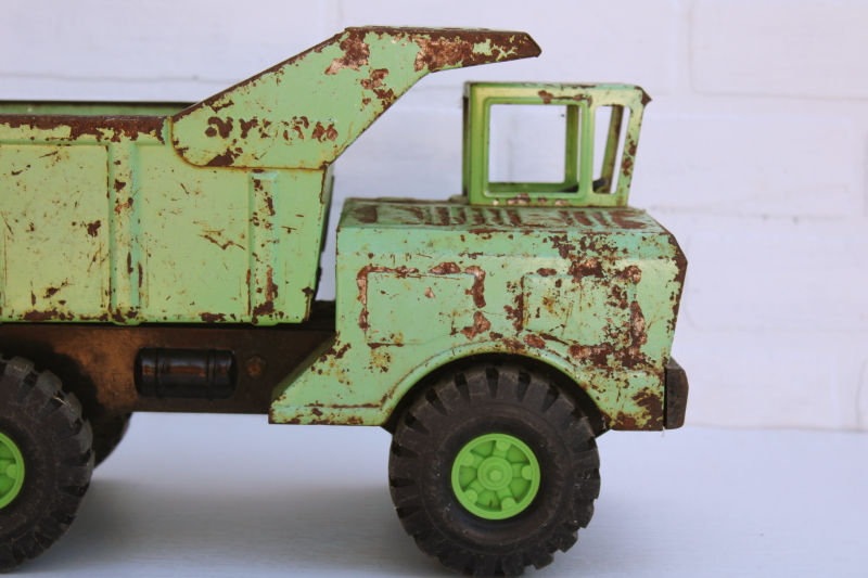 vintage mint green chippy metal dump truck, old Nylint toy truck for rustic country decor
