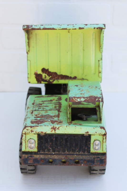 vintage mint green chippy metal dump truck, old Nylint toy truck for rustic country decor