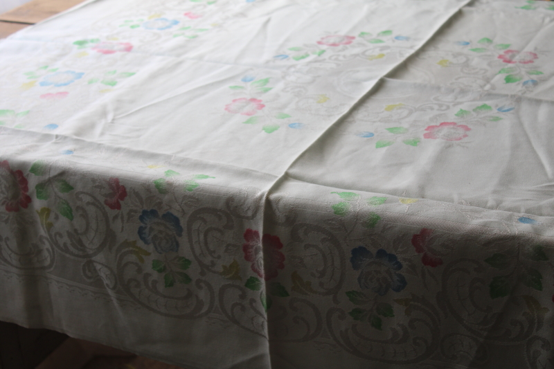 vintage mint green damask tablecloth w/ hand painted flowers in pastel colors, spring tablescape