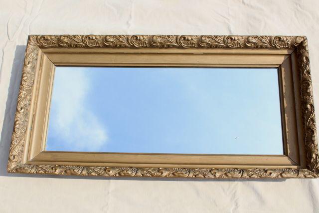 vintage mirror w/ deep frame, ornate gold gesso wood frame, rectangle portrait or landscape