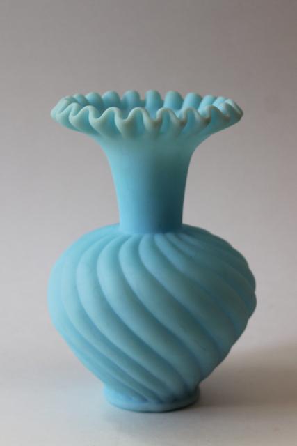 vintage mist blue frosted satin glass vase, Westmoreland or Fenton glass