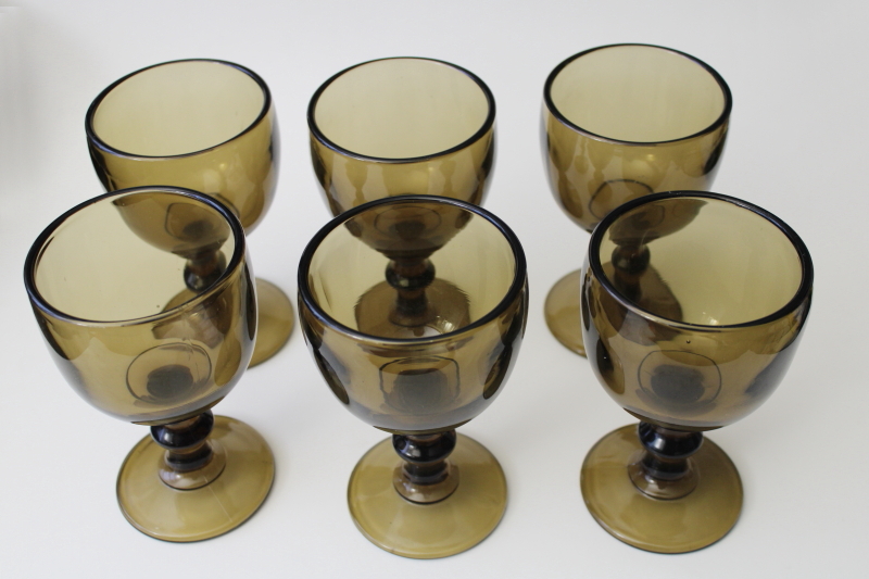 vintage mocha brown smoke glass goblets, chunky Hoffman house water wine glasses
