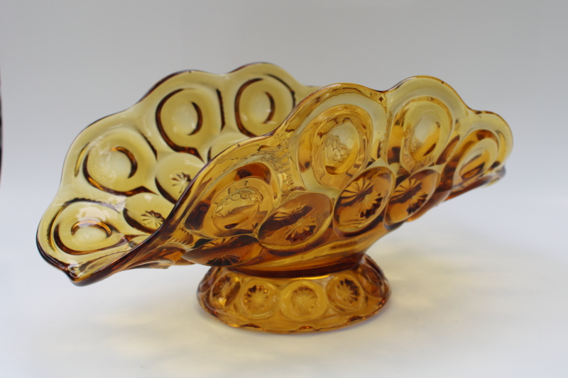 vintage moon and stars pattern amber glass fruit bowl, low banana stand