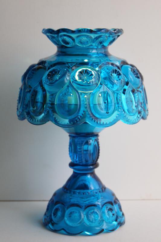 vintage moon and stars pattern blue glass candle lamp, candlestick w/ shade