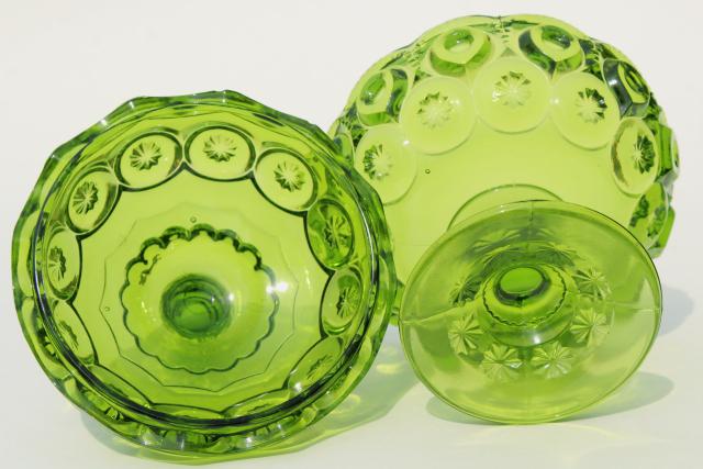 vintage moon and stars pattern green glass candy dishes, instant collection