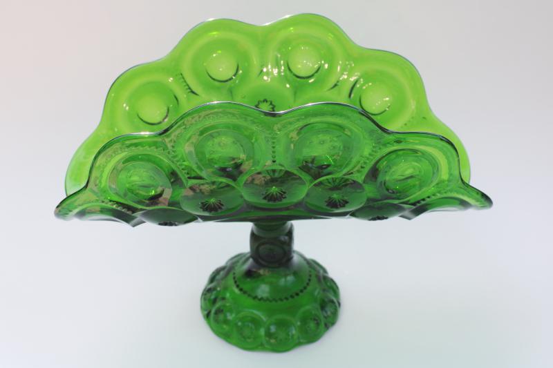 vintage moon and stars pattern green glass, tall banana stand fruit bowl centerpiece