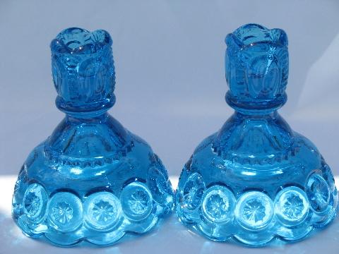 vintage moon & star pattern glass, colonial blue console set, bowl & candlesticks