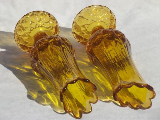 vintage moon & stars pattern glass vases, canary yellow amber glass tall vase set